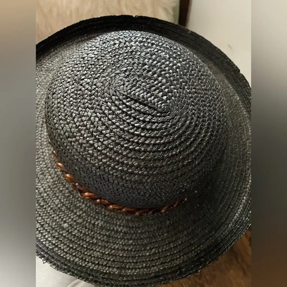 Vintage Straw Hat With Plastic Chain Hat Band Black
